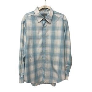 Johnston & Murphy MenS Long Sleeve Button-Down Shirt Blue White Plaid Cotton XL‎
